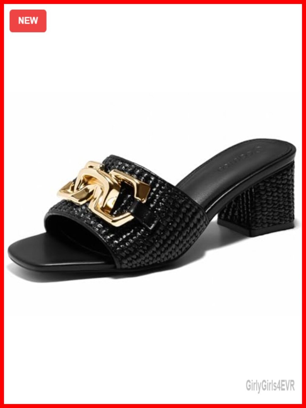Raffia Slide Sandals Chunky Block Heeled Square Open Toe Metal Chain Slip On
